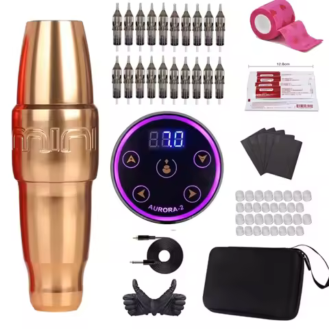 FK Mini PMU Coreless Motor Tattoo Machine Kit with LCD AURORA 2 Power Supplies 20Pcs RL RM PMU Cartr