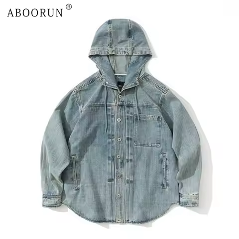 ABOORUN Men's Casual Hooded Denim Jackets Spring Autumn Loose Coats for Male