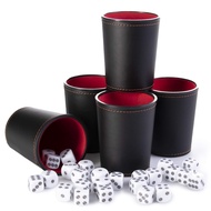 5 Leather Dice Cups and 25 Bullseye Dice by Bullseye Game Night | Classic Dice for Farkle, Liar's Di