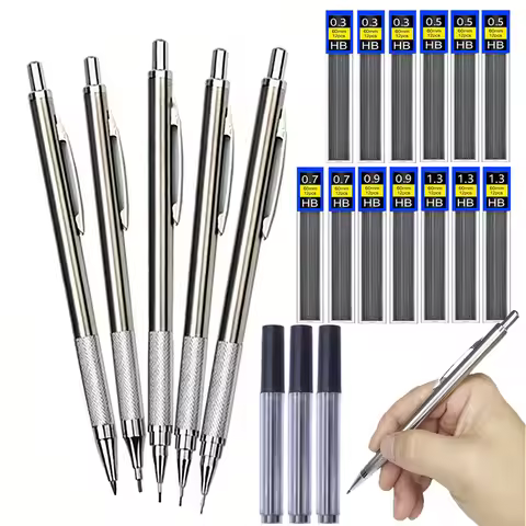 Metal Mechanical Pencil 0.3/0.5/0.7/0.9/1.3/2.0mm Drawing Automatic HB Pencil Leads Set School Offic