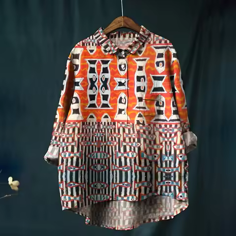 Women's Lapel Shirt, Orange Striped, Sardine Fish Print, Long Sleeve, Designer, Trendy, New Traf Bea