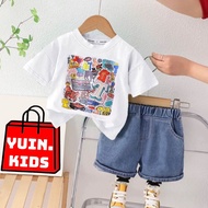 Setelan Kaos TomCat By Yuin.Kids Usia 1-5 Tahun Pakaian Baju Lengan Pendek Dan Celana Denim Pendek A