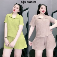 Set of women's big-size short-sleeved shirt with turn-down collar and wide-leg pants with elastic wa