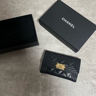 正品 Chanel boy荔枝皮黑金卡夾