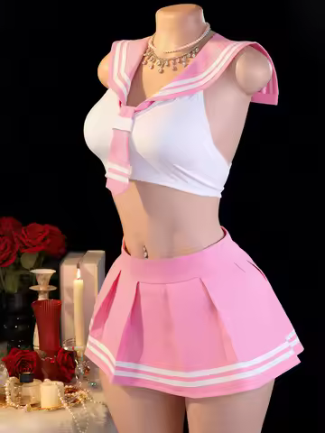 Women 2Pcs Sailor Role Play Costume Sleeveless Back Tie Top Pleated Skirt Uniform For Romantic Night