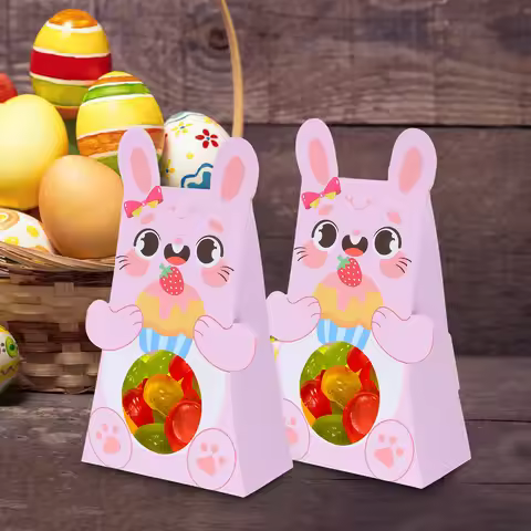 10Pcs Easter Bunny Candy Boxes Paper Treat Boxes for Kids Party Favors Easter Goody Bags Pink Packag