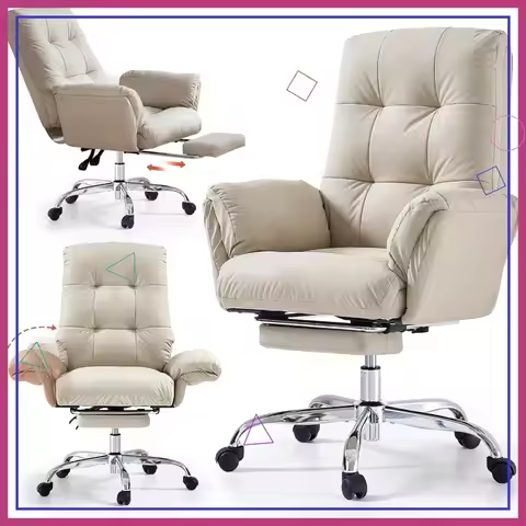 Office Chair with Footrest Criss Cross Wheels Flip-Up Arms Reclining PU Leather Desk Chair Beige