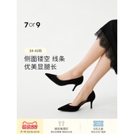 7or9 Black High Heels Women's Shoes Spring Summer Large Size Sheepskin Side Air Temperament Pointed 