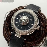 VERSUS VERSACE手錶,編號VV00358,36mm銀圓形精鋼錶殼,黑色中二針顯示, 獅頭Logo錶面,深黑色真皮皮革錶帶款,閃亮度冠絕全場!, 立體感十足!