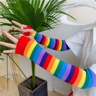 ✐ Elbow Length Fingerless Arm Sleeve Warmer Rainbow Striped Knitted Sunscreen Halloween Costume Fingerless Mittens Oversleeve