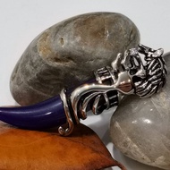 Stainless Steel Wolf Inlay Purple Tooth Glass Stone Pendant.