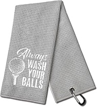 DYJYBMY Always Wash Your Balls Funny Golf Towel, Embroidered Grey Golf Towels for Golf Bags with Clip, Golf Gifts for Men, Birthday Gifts for Golf Fan, Golf Joke, Funny Gag Gift