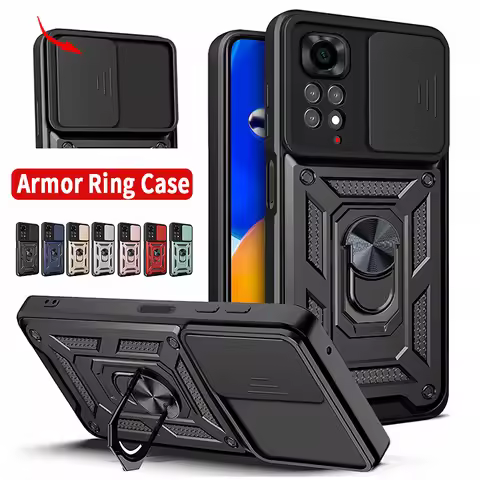 Silicone Shockproof Slide Lens PC Protection Case For Xiaomi Redmi Note 11 11S 11E 11 Pro 4G 5G Ring