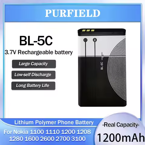 PURFIELD 1200mAh BL-5C 3.7V Mobile Phone Battery For Nokia BL5C 1100 6230 6600 1108 1112 1200 n70/91