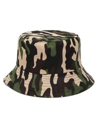 綠色迷彩印花漁夫帽,休閒防曬盆帽,可摺疊桶帽,適用於男女款