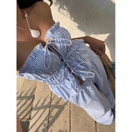 2-Piece Set Women's Front Tie Tube Top Striped Pleated Bra And Long Pants