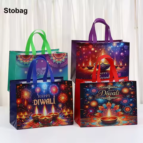StoBag 8/20pcs Diwali Festival Non-woven Gift Tote Bag Fabric Packaging Handbag Waterproof Storage R