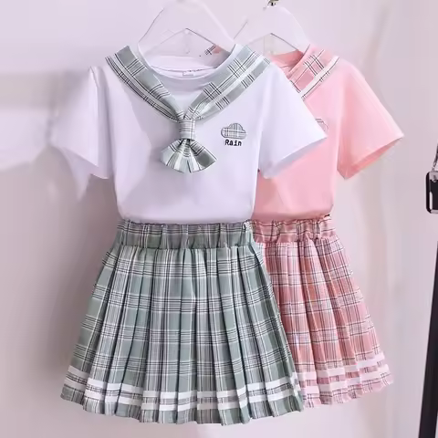 2026 Summer New Girls Fashion JK Uniform Set College Style Plaid Pleated Skirt 2PCS Kids Casual Scho