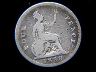 英國銀幣-1839年英國不列顛尼亞女神坐像4便士(Silver Pence)銀幣(英女皇維多利亞少女像)