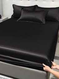 1入組緞面純色床墊套,卧室黑色冰絲床罩,床上用品