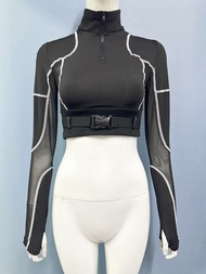 Áo Biểu Diễn Jazz Dài Tay Màu Đen Phong Cách Cơ Khí Gợi Cảm Của Aespa Jiwoo Cho Buổi Biểu Diễn K-pop