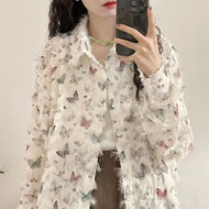 Korean Style Women Ladies Loose Butterfly Print Long Sleeve Shirt Blouse Baju Baju Wanita Lengan Pan