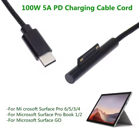 100W USB Type C 5A PD Power Supply Charger Adapter Charging Cable for Microsoft Surface Pro 7/6/5/4/