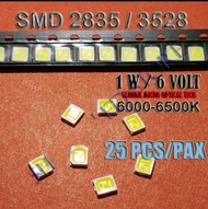 LED isi 25 pcs/biji LED HPL 1W-3V, 1W-6V DAN 1W-9V SMD 2835 SUPER TERANG TV BACK LIGHT COLD WHITE