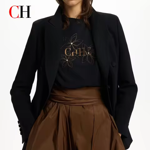 CH Women's Crew Neck T Shirt Floral Embroidery Pearl Decor Short Sleeve Casual Daily Wear Basic Tops