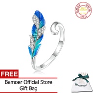 BAMOER 925 Sterling Silver Dazzling Blue Feather Open Ring Pave Setting CZ for Women Birthday Gift C