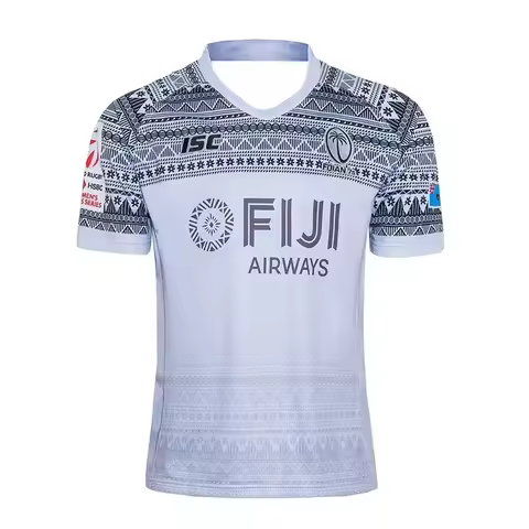 Fiji 7s Rugby Away Jersey White Tribal Pattern Fiji Airways Sponsor ISC World Sevens Series Shirt fo