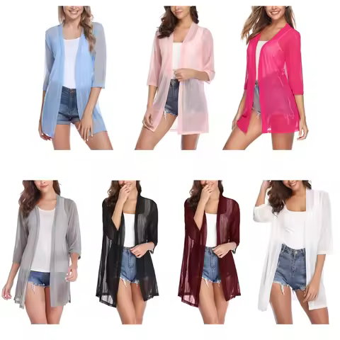 Women Solid 3/4 Sleeve Cardigans Lightweight Chiffon Cardigan Kimono-Cardigans Top Loose Open Front 