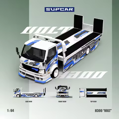*Spot good*SUPCAR 1:64 H300 Flatbed Transport Trailer ADVAN VOLT Blue White Livery Simulation Alloy 