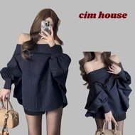 Women's off-the-shoulder shirt with dark blue striped sleeves, loose form, lady's dumpling shirt tha