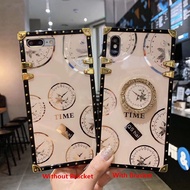 OPPO A73 A75 F5 A79 A83 A3 A3S A5 A5S A7 A9 2020 F7 F9 F11 Pro F15 A91 A31 A8 A52 A92 Realme 6 Pro Find X2 A92S Clock Pattern Square Phone Case With Finger Ring Bracket