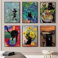 Funny Cat Art Poster Black Cat Van Goghs Sunflowers Print Modern Oil Painting on Canvas Mona Lisa Pi