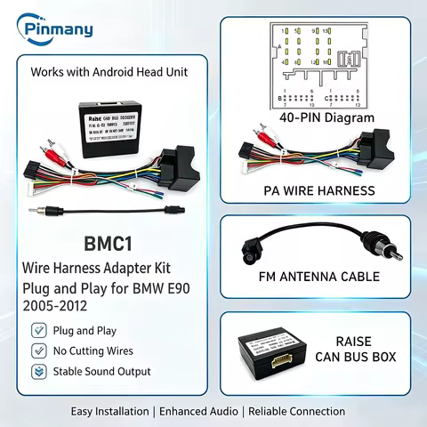 BMC1 40-Pin to 16-Pin Android Car Radio Wire Harness Adapter with RAISE G-RZ-BMW52 CAN Bus Decoder f