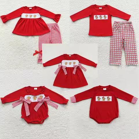 New Fashion Boys Clothes Christmas Boutique Girls Dress Gingerbread Embroidery Kids Sibling Clothing