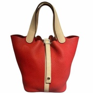 98%NEW二手HERMES PICOTIN 18 番茄紅拼薔薇粉 銀扣 TOUGE TOMATE PHW