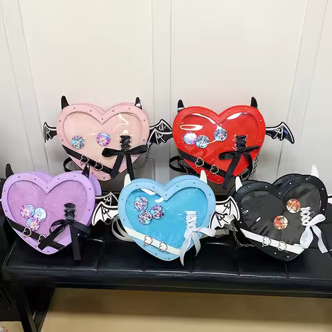 Fashion Heart Shaped Crossbody Ita Bag PU Leather Punk Pin Display Devil Bat Ita Messenger Bag Cospl