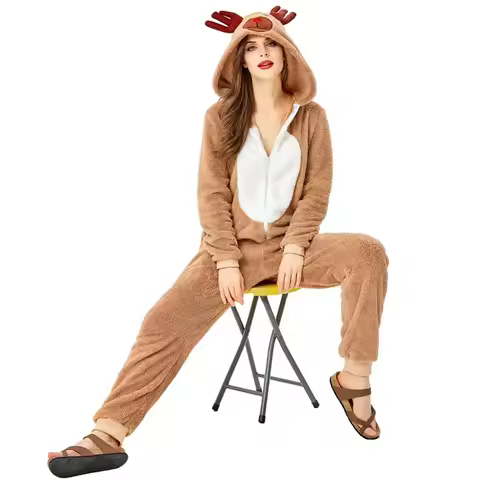 Unisex Adult Christmas Reindeer Costume Girl Women Hooded Cozy Fawn Deer Cosplay Onesie Cartoon Paja