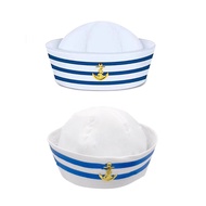 MG Sailors Ship Captain Hat Blue White Stripe Hat Adult Teens Navy Cosplay Hat