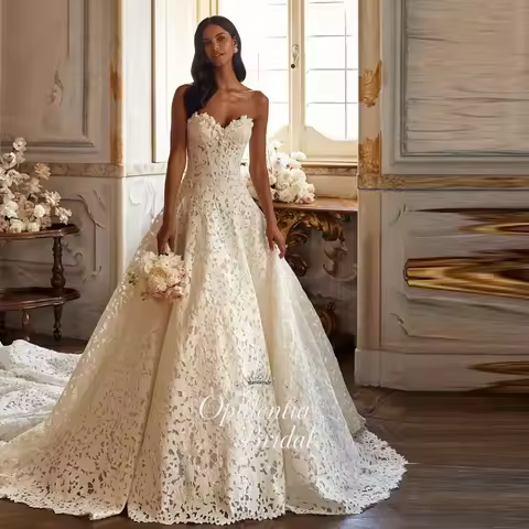 Opulentia Customized Luxurious A Line Sweetheart Lace Wedding Dresses Sweetheart High-waist Bridal D