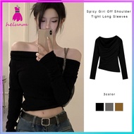Prepare To Send Women's Tight-Fitting Shirt Irregular Short Spicy Girl Off Shoulder Tight Long Sleev