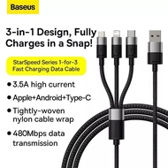 Baseus 3 in 1 Usb to M+C+L 3.5A StarSpeed Fast Charging Data Cable - Black 60CM