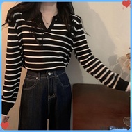 Msia Ready Stock🔥T2308 Korean Collar Striped Knitted Shirt