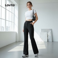 Lovito Seluar Kasual Berlipatan Sepanjang Tahun Hitam untuk Wanita L159AD087