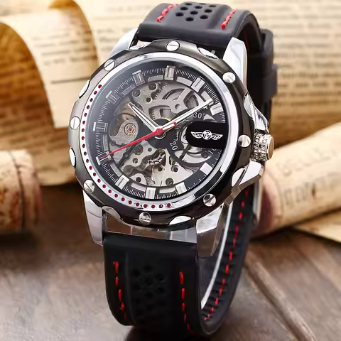 Winner Silicone Rubber Band Men's Sport Watch Skeleton Steampunk Automatic Mechanical Relogio Mascul