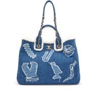Chanel Blue Denim, White Shearling Paris-New York Hieroglyph Coco Tote Gold Hardware, 2019