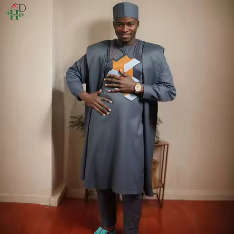 H&D African Top And Pant 3 PCS Sets For Men Embroidery Gray Africa Daily Wear Traditional Wedding Pa